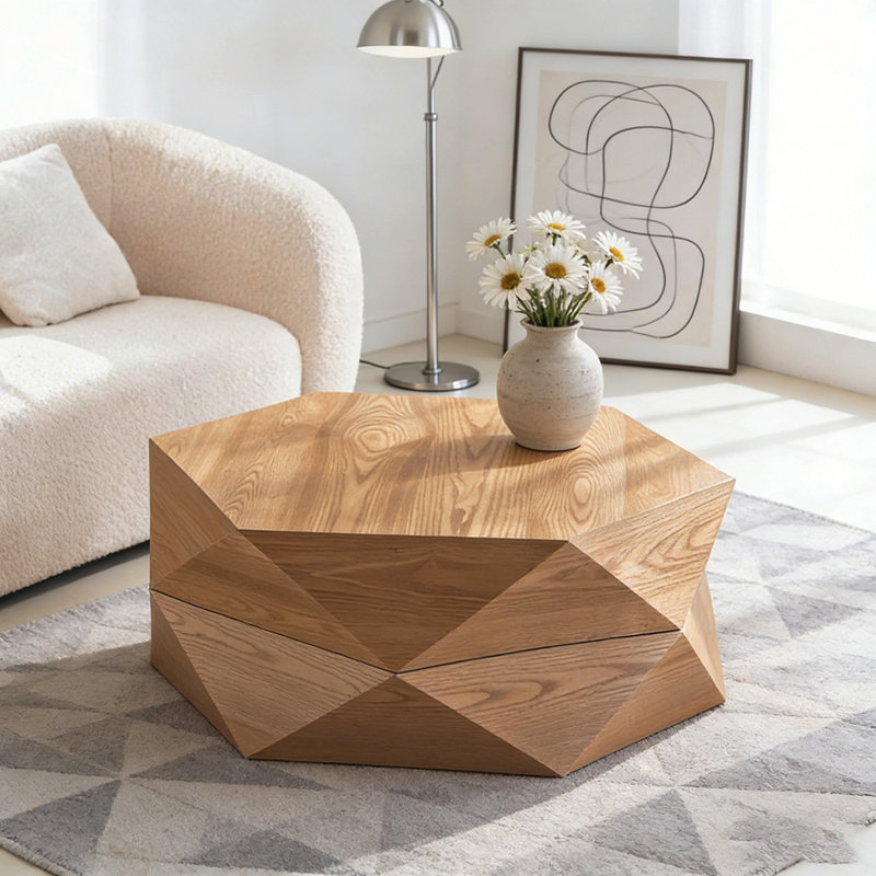 Table basse à plateau rabattable rétro avec rangement caché, placage en bois massif pour le salon et le bureau, Naturel