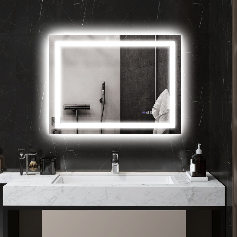 Miroir à DEL 32 po x 24 po pour salle de bain, brouillard, intensité variable et mémoire, rétroéclairé à l'avant, fixation murale, température de couleur infinie, affichage horizontal / vertical