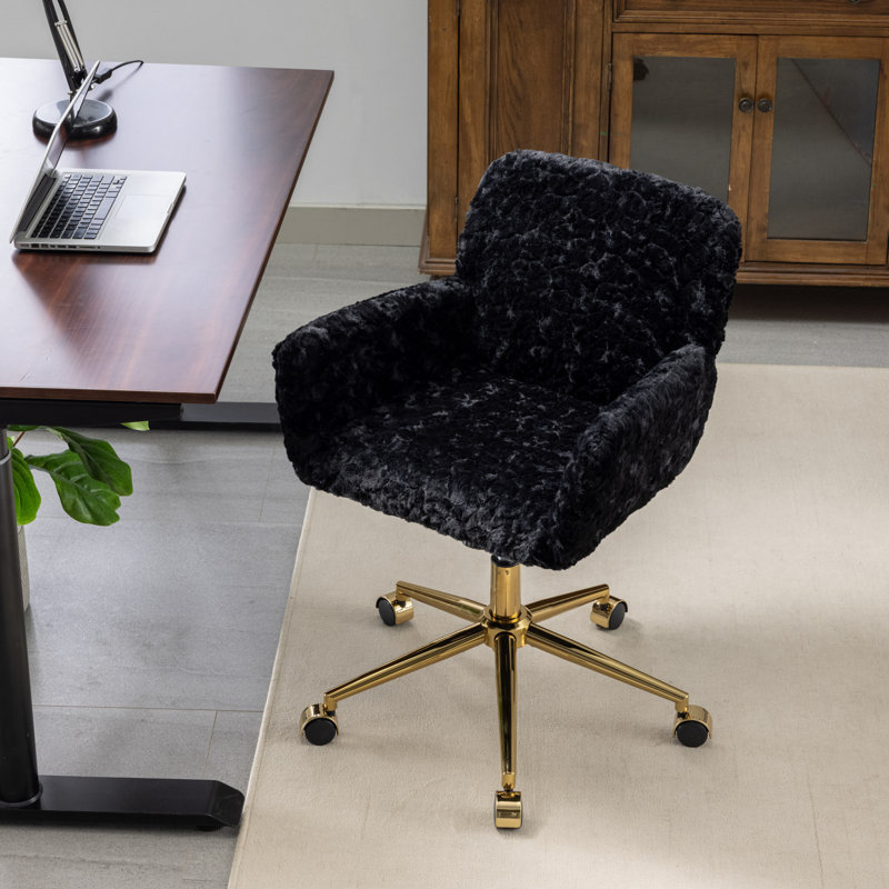Artificial Rabbit Hair Home Office Chair With Golden Metal Base,adjustable Desk, Black