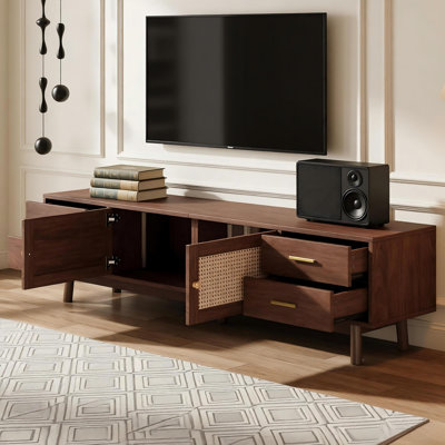 70inch Modern Tv Stand With Rattan Doors For Tvs Up To 80", Media Console With Storage Space, 4 Drawers & Cable Holes, Entertainment Center For Living Room