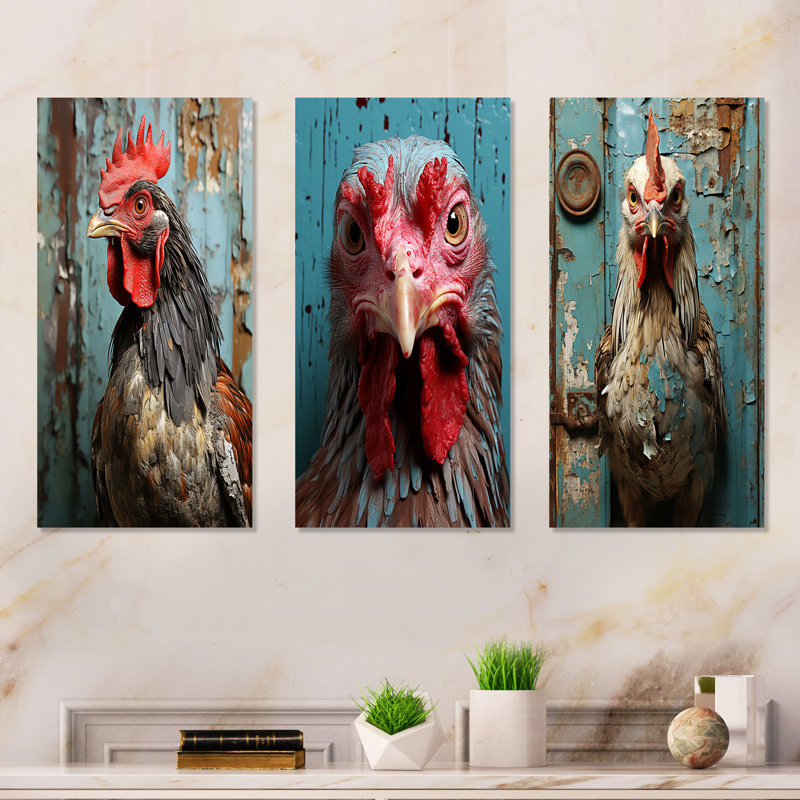 Farmhouse Barn Rooster Portrait I - Poulet, ensemble de 3 impressions sur métal, H 32 po x l 48 po