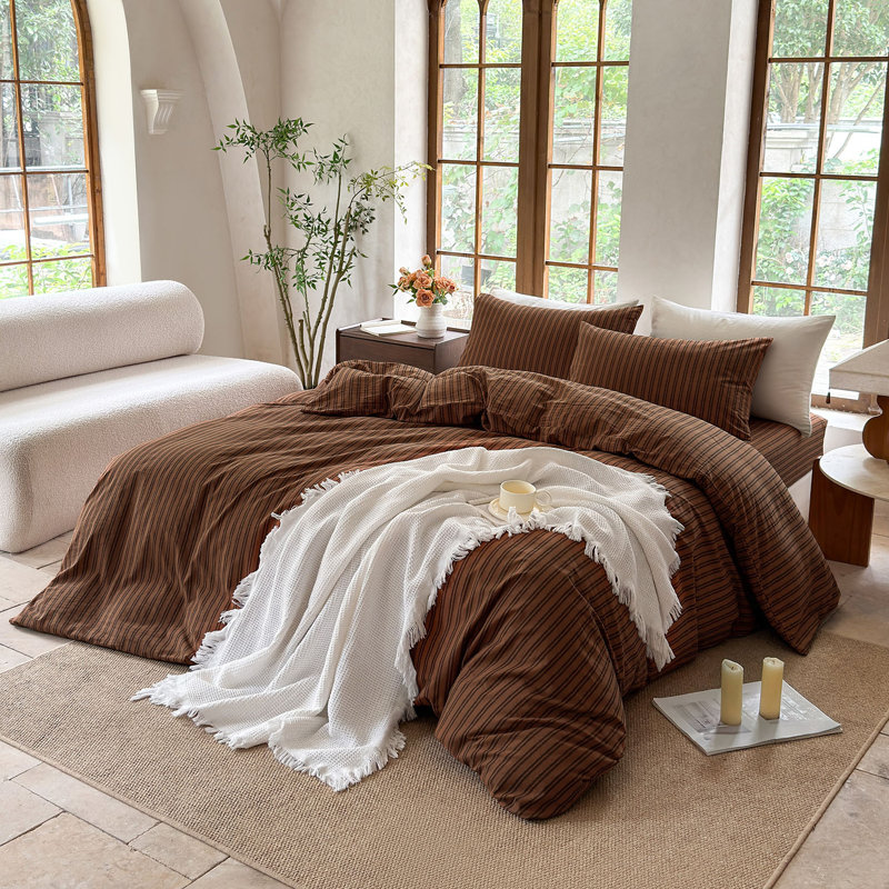 Ensemble de housse de couette rayé 100% coton délavé DONEUS, Housse de couette grand et 2 taies d'oreiller stan