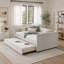 Lit de jour rembourré avec lit gigogne escamotable, structure de canapé beige en tissu de lin capitonné à rayures verticales, lit de repos d'invité robuste pour chambre à coucher, salon, chambre d'amis