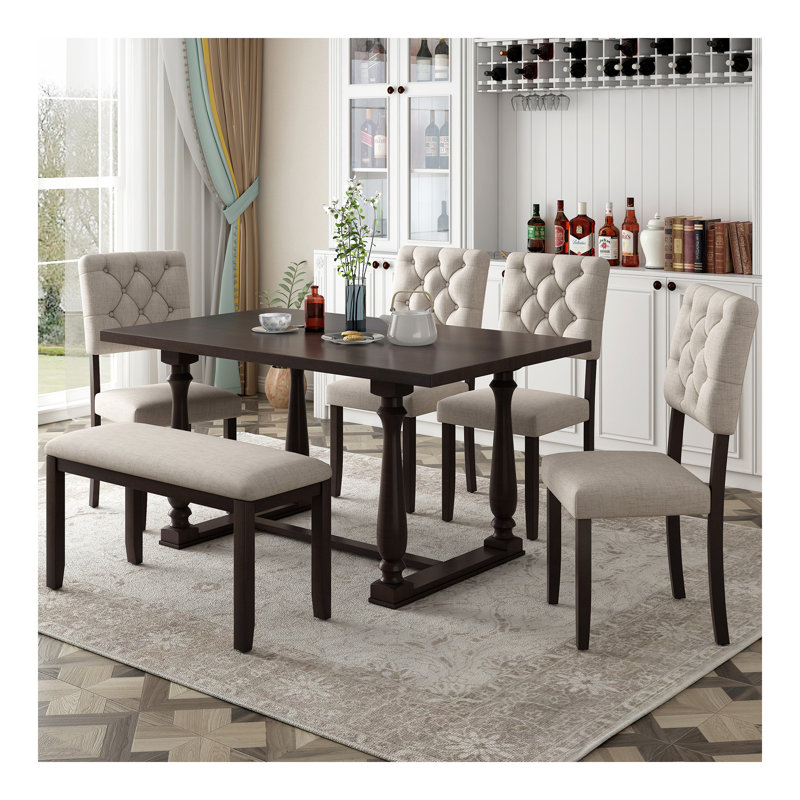 Ensemble de table et chaises de salle à manger 6 pièces avec pieds de forme spéciale et dossiers et coussins recouverts de mousse pour la salle à manger (espresso)