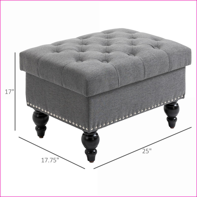 Ottoman, 25" with Storage, Removable Lid, Button-Tufted Slate Gray, Rubberwood Legs, Living Room Footrest/Seat | Wood | Slate Gray