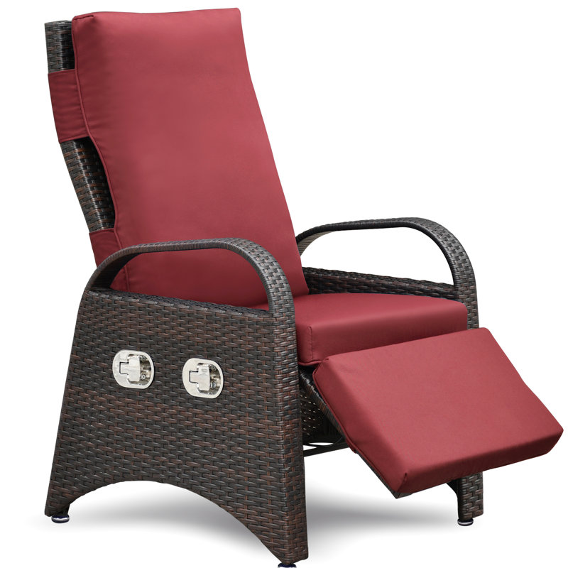Fauteuil inclinable de jardin avec réglage à 2 boucles, coussin amovible et matériau protégé, fauteuil inclinable brun et rouge ajustable, tissé à la main, tissu aquatique