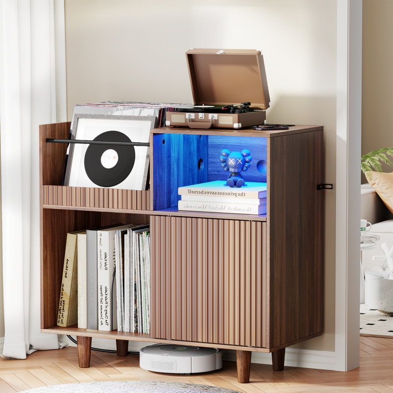 Support de tourne-disque rétro avec lumières DEL et prises de courant - 300 tablettes de rangement en vinyle pour le salon, le bureau