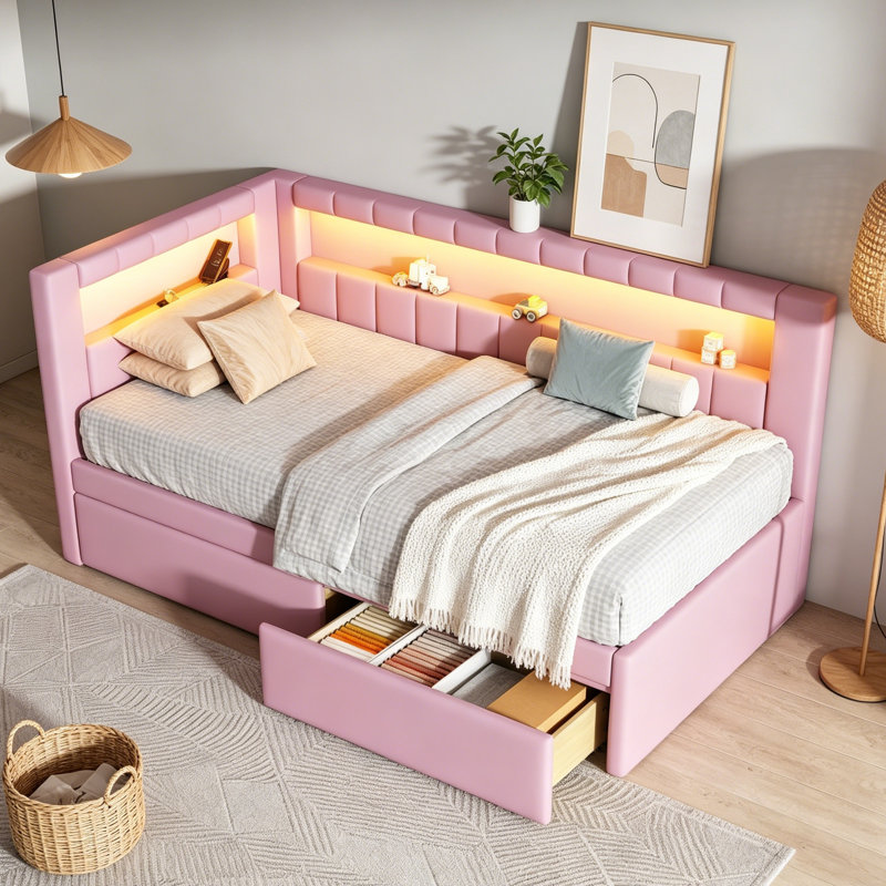 Lit plateforme simple tapissier blanc avec ports USB, bande lumineuse à DEL et 2 tiroirs de rangement, Rose