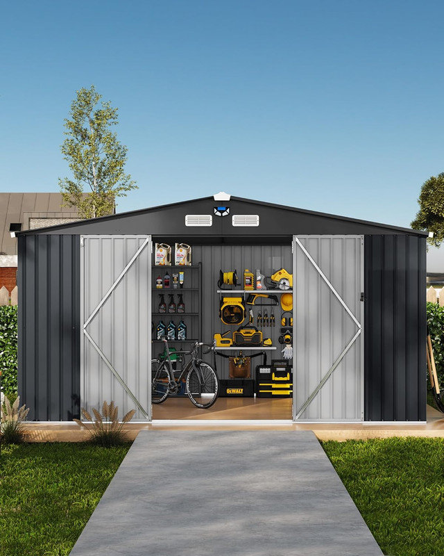 10x12 Ft Heavy-Duty Metal Storage Shed, Galvanized Steel Outdoor Utility Shed with Lockable Door & Windows, Brown