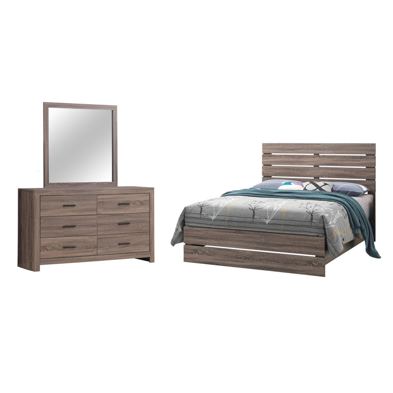 Ensemble de chambre à coucher 3 pièces avec commode et miroir Eunice, Chêne baril, Grand