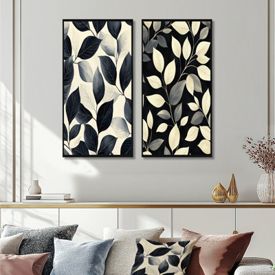 Black Beige Leaves Gentle Breeze I - Floral Wall Art 2 Panels