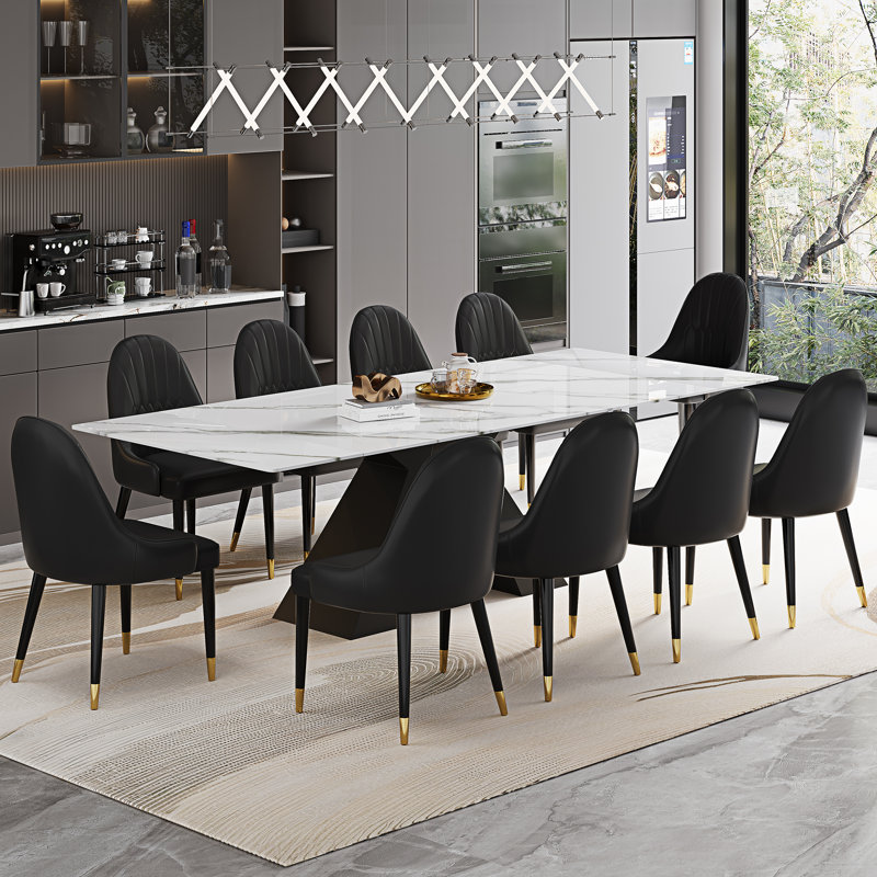 11-Pieces Dining Set With 110.24'' Extendable Faux Marble Dining Table and 10 Faux Leather Dining Chairs, Black