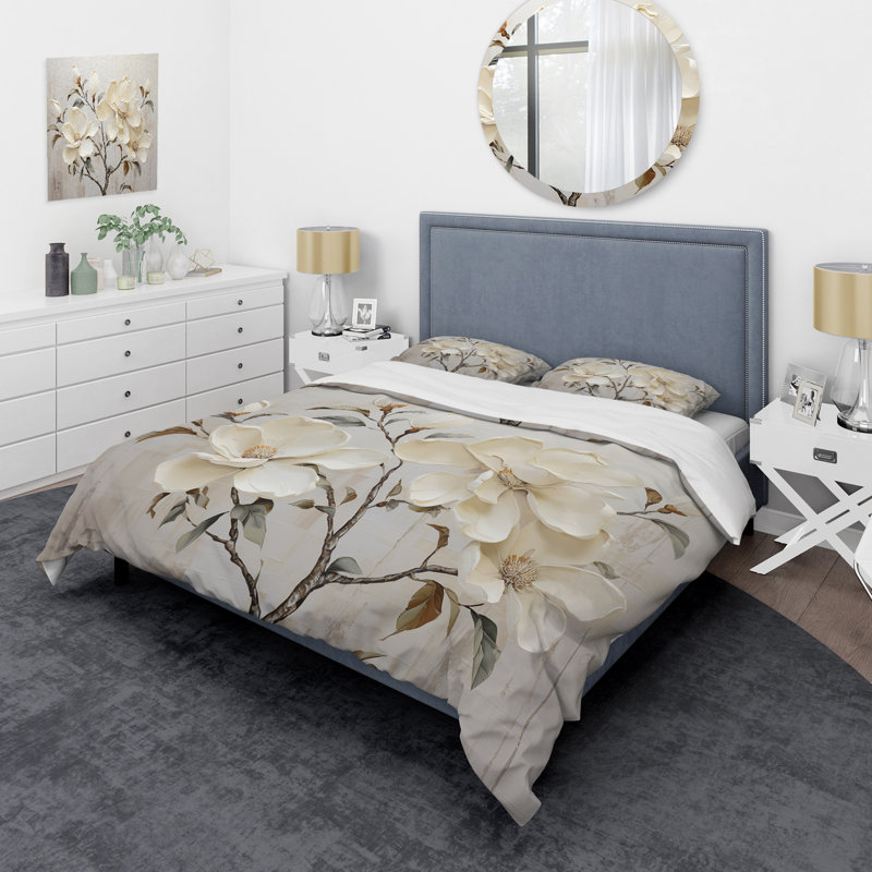 Ensemble de housse de couette beige et vert Magnolias, Housse de couette très grand et 2 très grandes t