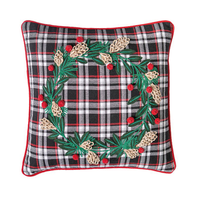 Coussin décoratif de Noël à carreaux brodés avec couronne brodée
