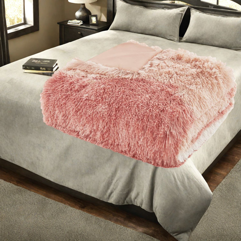 Ensemble de literie luxueuse en fausse fourrure ombrée, double / grand, multicolore rosé