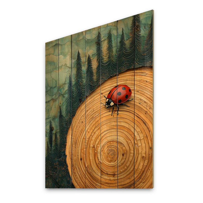 Ladybug At The Forest On Slide III - Ladybug Wood Wall Art - On Natural Pine Wood, 20" H x 10" W x 0.78" D