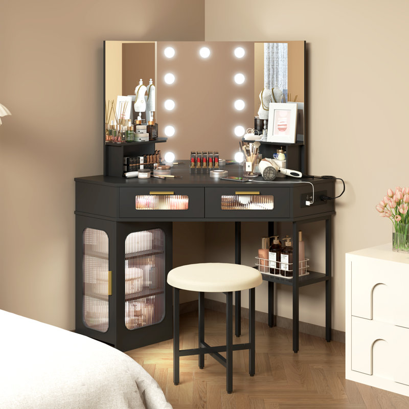 Dressing Table with Motion Sensor 3-colour lighting, Charging Socket, Storage Drawers and Stool, Black