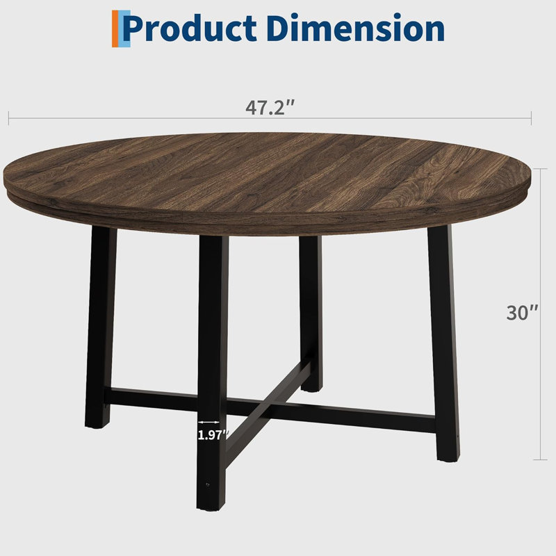 Space Saving 47" Round Dining Table for 4, Kitchen Dining Room Table w/ Sturdy Metal Frame, Wood Circle Kitchen Table, Brown
