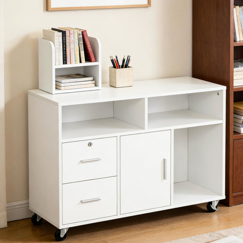 Support pour imprimante avec tiroirs verrouillables et mobilité douce - 3 tablettes, 2 tiroirs, armoire, 4, blanc, L 39,25 po x l 13,75 po H 25,5 po