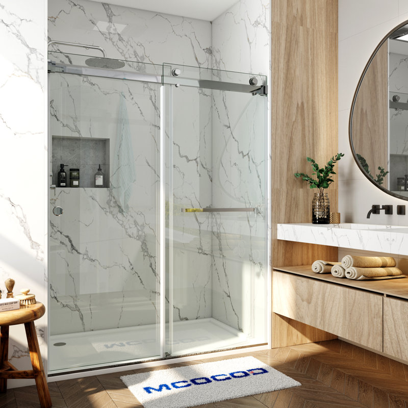 Porte de douche coulissante double sans cadre avec verre transparent 3/8 po (10 mm) Opal Mirage MCOCOD56 - l 60,5 po x H 72 po