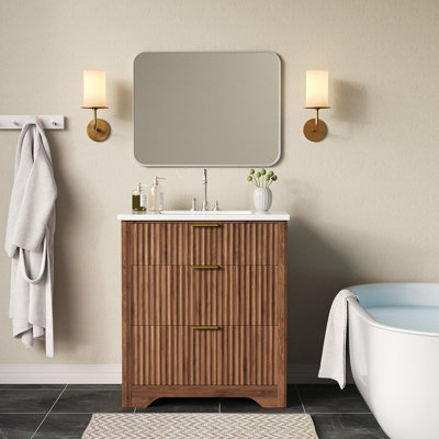 Meuble-lavabo cannelé avec évier intégré en céramique, 2 tiroirs et tiroir rabattable, armoire de rangement autoportante en bois pour les salles de bain modernes