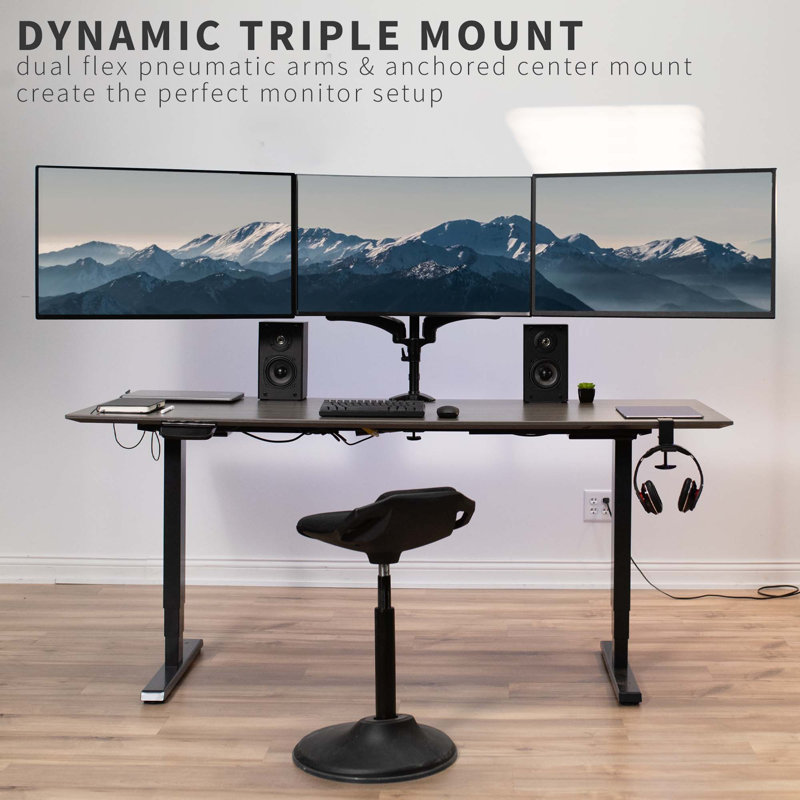 Black Triple Monitor Adjustable Desk Mount with Pneumatic Arms