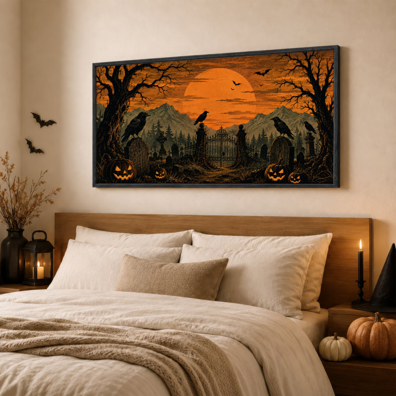 Art mural orange sur toile, "Orange Moonlit Graveyard", 58“W x 28”H