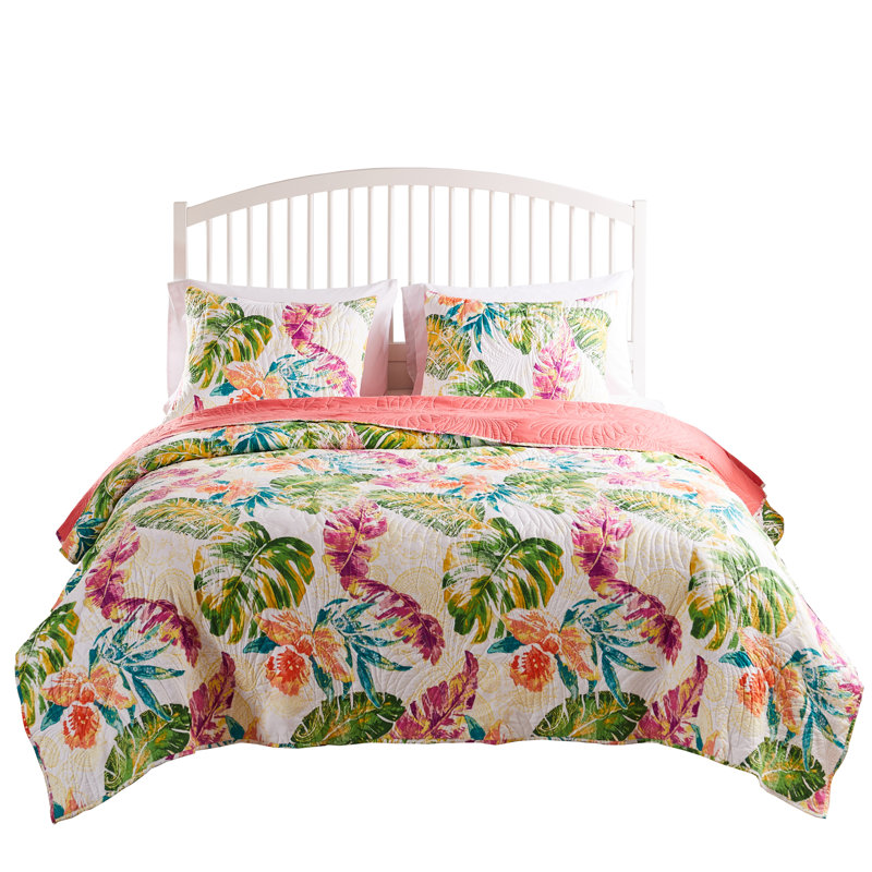 Tropical Leaf Print Reversible Twin Microfiber Quilt Set