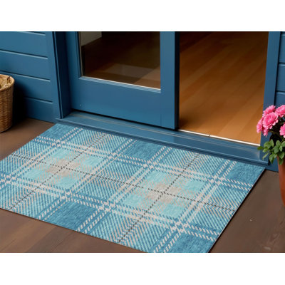 Tapis d'extérieur lavable à carreaux bleu sarcelle 3 pi x 5 pi bleu gris et brun