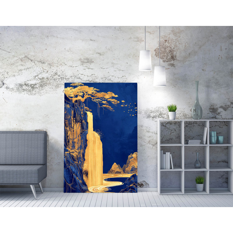 Klein Blue chinese waterfall of gold Canvas Wall Art Print Picture, 114.3cm H x 76.2cm W