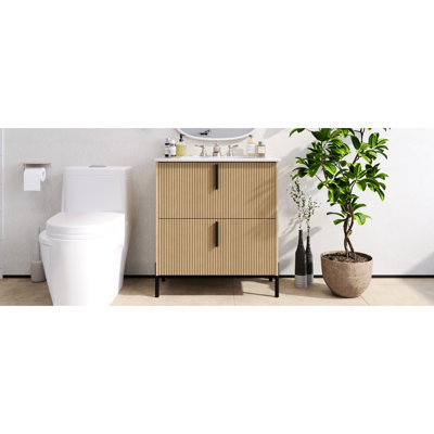 Meuble-lavabo de 30 pouces avec lavabo en céramique, tiroirs d'extension, glissières encastrées à fermeture en douceur, conception cannelée, couleur naturelle - convient aux espaces moyens, meuble-lavabo unique