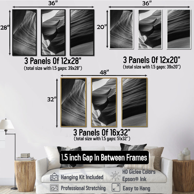 Lower Antelope Canyon - Photographie de 3 pièces sur toile, H 28 po x l 36 po, Noir, noir, noir, noir