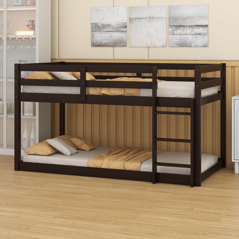 Twin Over Twin Solid Rubber Wood Floor Bunk Bed – Ladder & Strengthened Slat Bed Platform, Espresso
