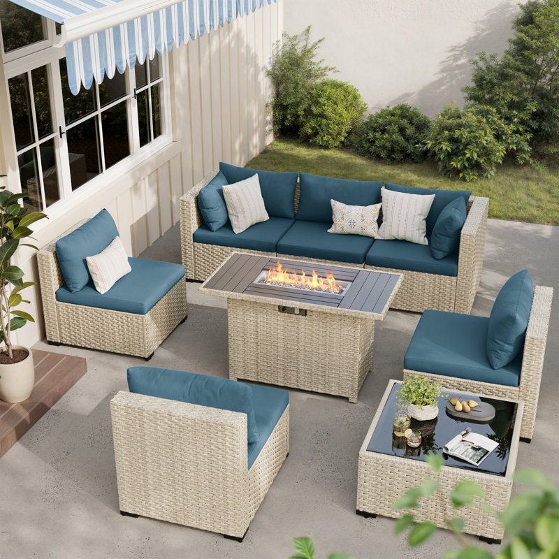 8-Piece Patio Conversation Set With Fire Pit Table, Coffee Table, And Cushions, Peacock Blue