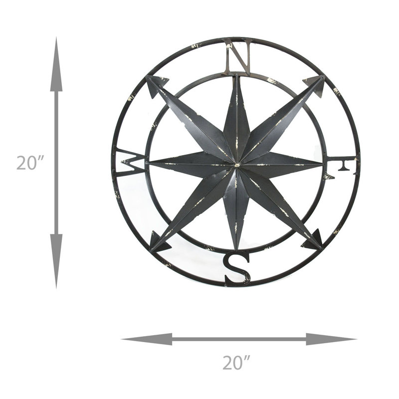 20-Inch Distressed Black Metal Nautical Compass Rose Hanging Sculpture