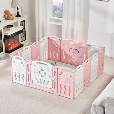 Brile Albott Baby Playpen, Upgraded 14 Panels Foldable Baby Fence With Game Panel And Safety Gate, Adjustable Shape, Portable Baby Play Yards For Children Toddlers Indoors Or Outdoors (Pink+White,14 Panel)