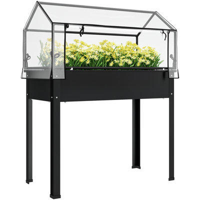 Raised Garden Bed with Greenhouse Cover, Elevated Planter Box with Legs and Drainage Hole for Vegetables Flowers Herbs, 39.4" x 18.9" x 48.8"