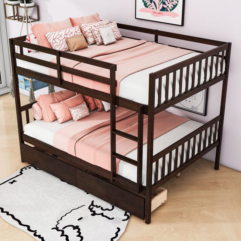 Full Over Full Wood Bunk Bed With Drawers, Guardrails And Ladder, Espresso