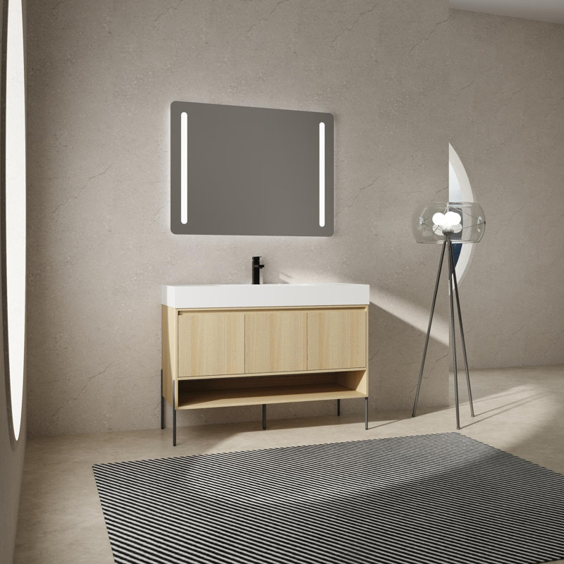 Ensemble de meuble-lavabo 36 po avec lavabo simple en résine, ensemble d'armoires de rangement modernes 2 portes, bois massif multicouche