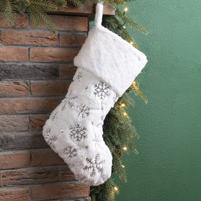 21"L White Plush with Snowflake Christmas Stocking