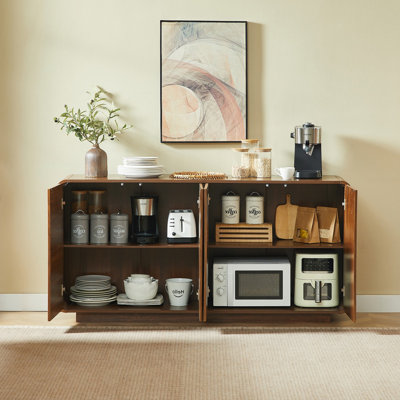 Buffet d'entrée cannelé contemporain, crédence de rangement à fermeture en douceur, buffet en bois d'ingénierie polyvalent pour la cuisine, noyer