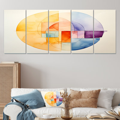 «Pastel Color Geometric Ink Collage I - Abstract Geometric», art mural 5 pièces