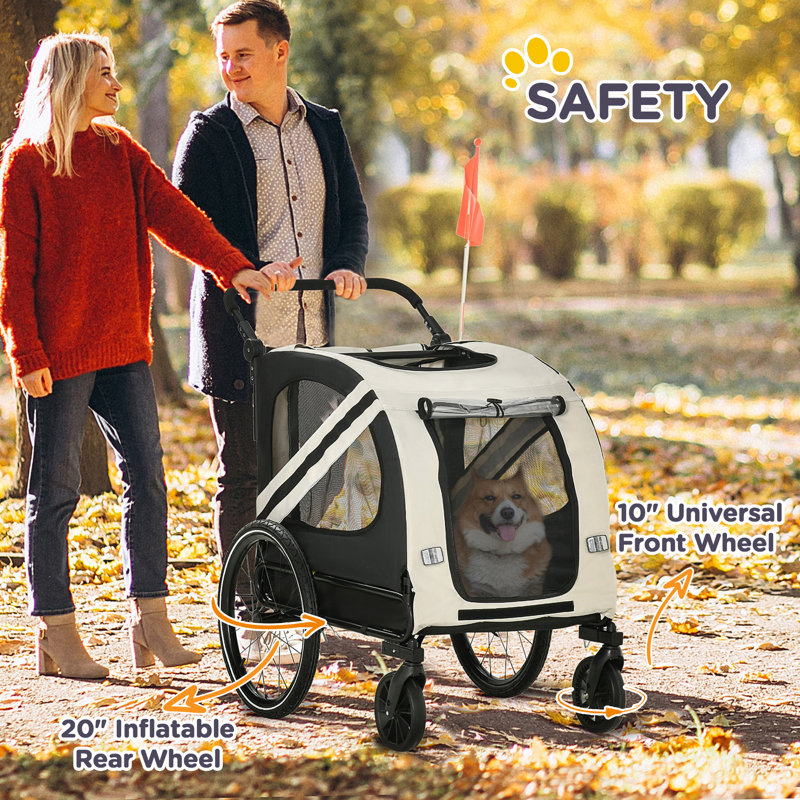 White Foldable Pet Bike Trailer and Stroller with Detachable Carrier