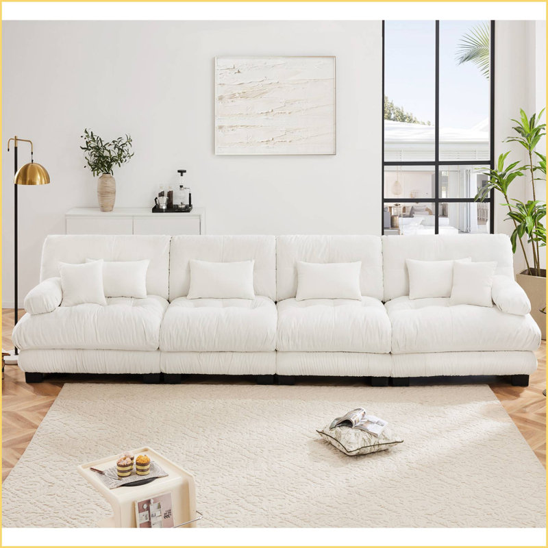 Canapé modulaire capitonné en chenille pour salon, 35.4" H x 173.2" W x 36" D, White