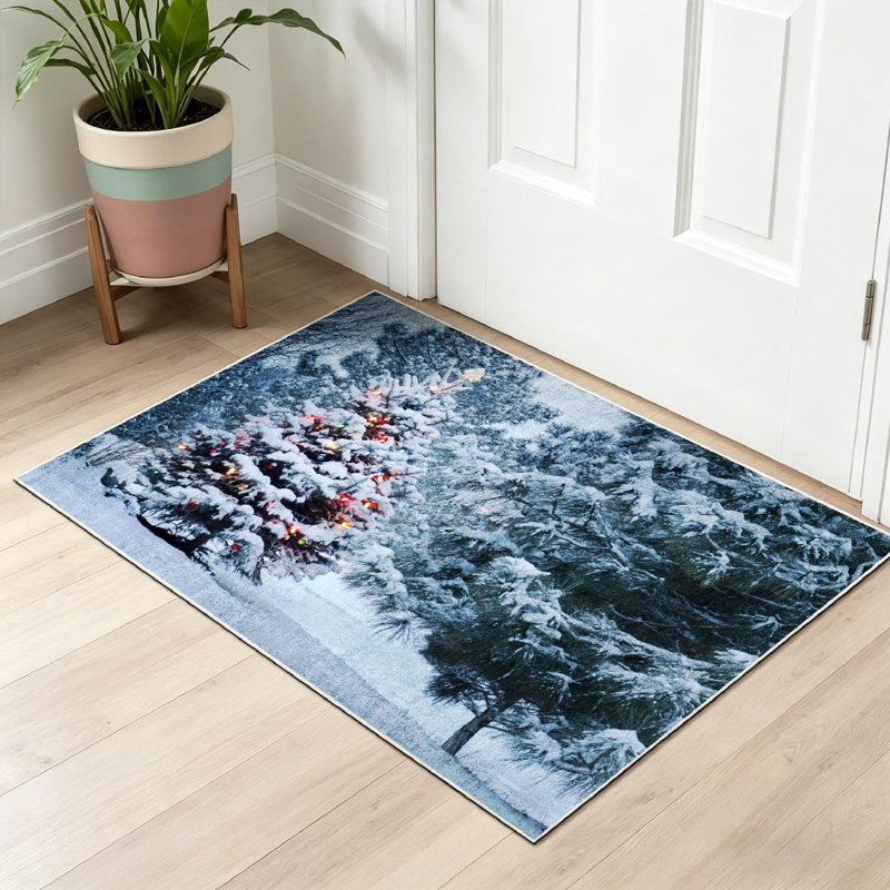 Tapis de Noël bleu hiver lavable à la machine, neige, Rectangle 32 po x 47 po