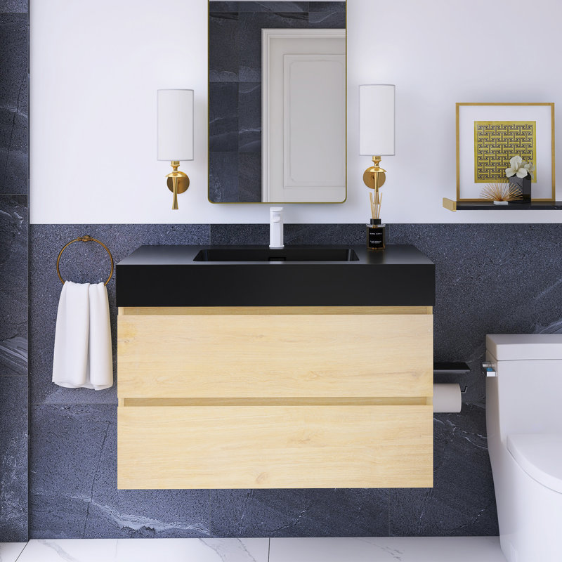 36 po W Meuble-lavabo mural simple avec lavabo noir, Chêne
