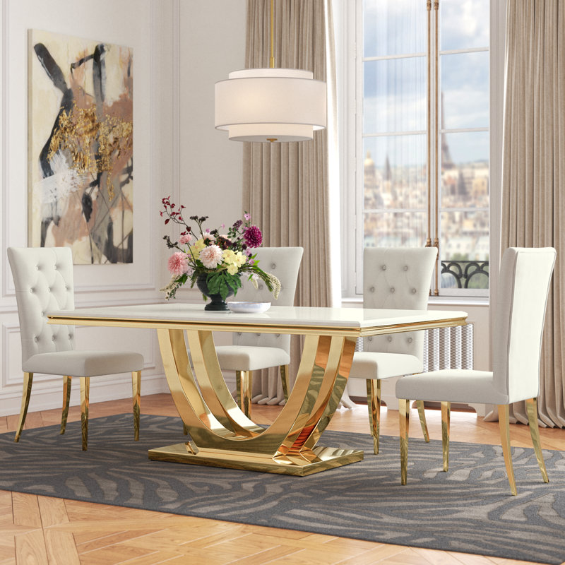 Baltazar 4 - Person Pedestal Dining Set, Gold, Gold/Beige