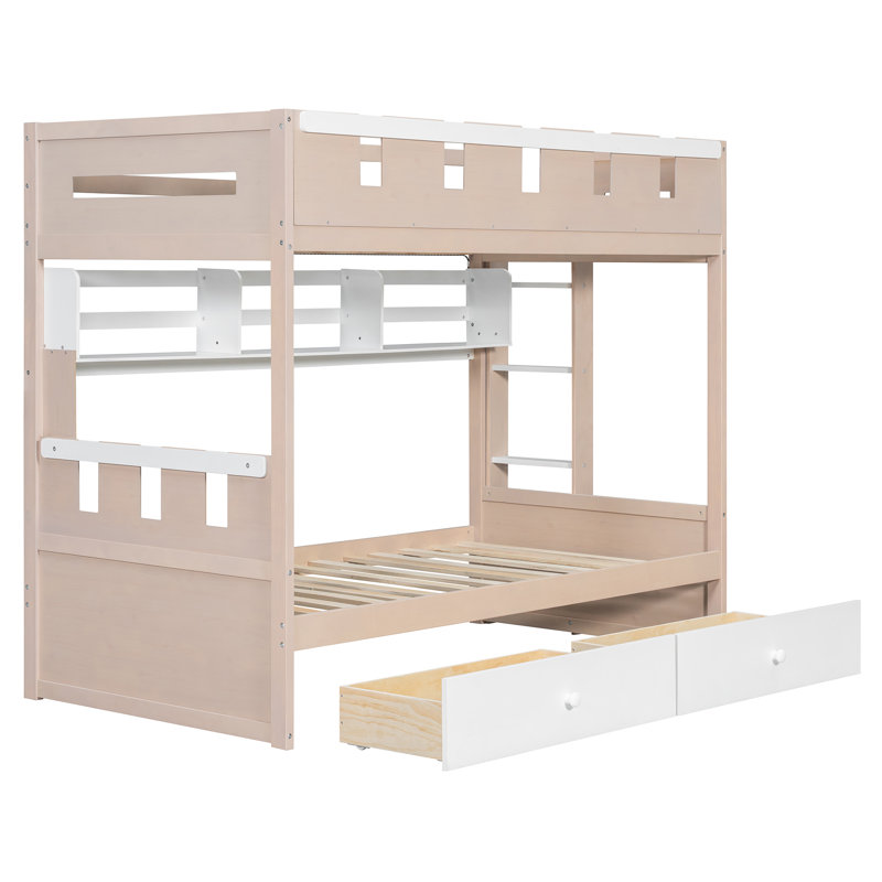 Lit superposé en bois Ridley avec 2 tiroirs, tablette et éclairage DEL Ridley, Lit simple, Rose vieilli / blanc