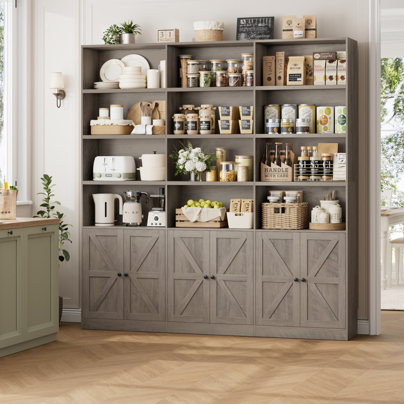 70.9" Wide Bookshelf, Tall Bookcase with 12 Open Shelves and 3 Cabinets, Large Wooden Bookshelves, Vintage Fog
