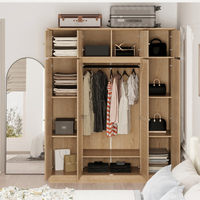 Armoire-penderie à grande capacité de 70,87 po à 8 portes avec tringle à penderie, tablettes réglables et portes décoratives en rotin, armoire de rangement pour vêtements